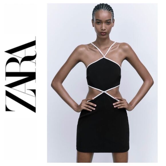 NWT Zara Black & White Contrast Piping Halter Cut Out Mini Dress, Size XS - Picture 1 of 15